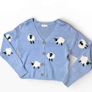 Ultra Flirt Blue Sheep Cardigan Sweater Small V Neck Cottagecore Grandma Farm